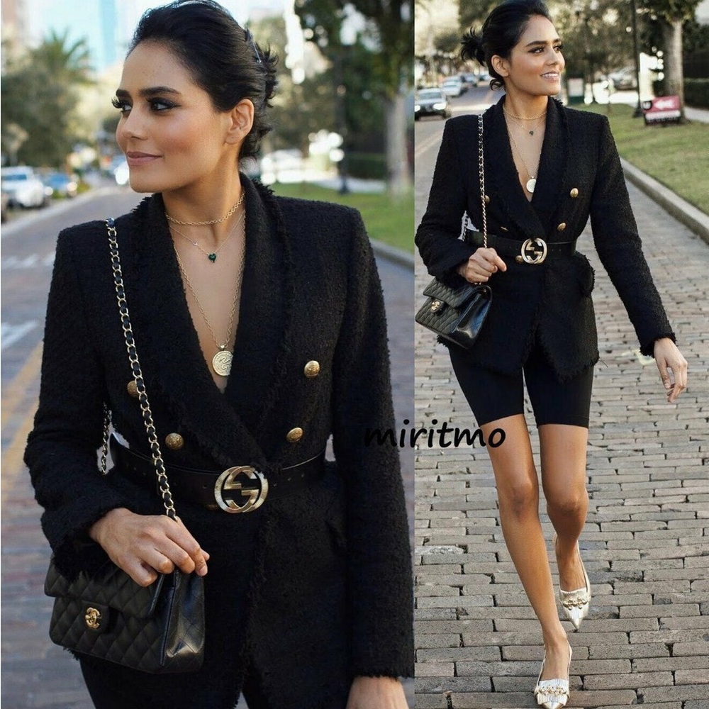 ZARA BLACK BLAZER TWEED WITH GOLD BUTTONS COAT JACKET